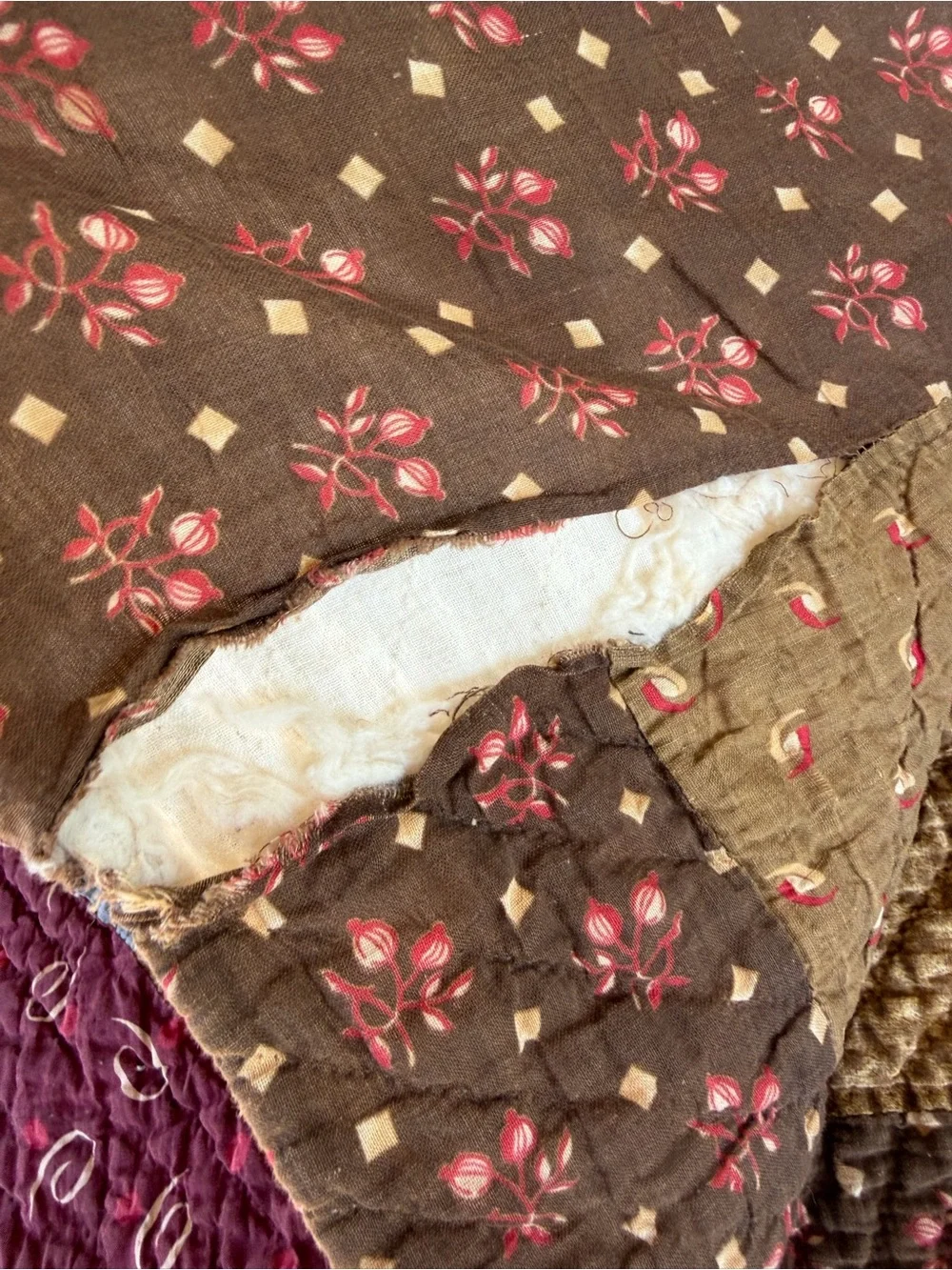 Vintage 4 Patch in Square Hand Sewn Quilt Brown Florals Earth Tones 70x76 CUTTER